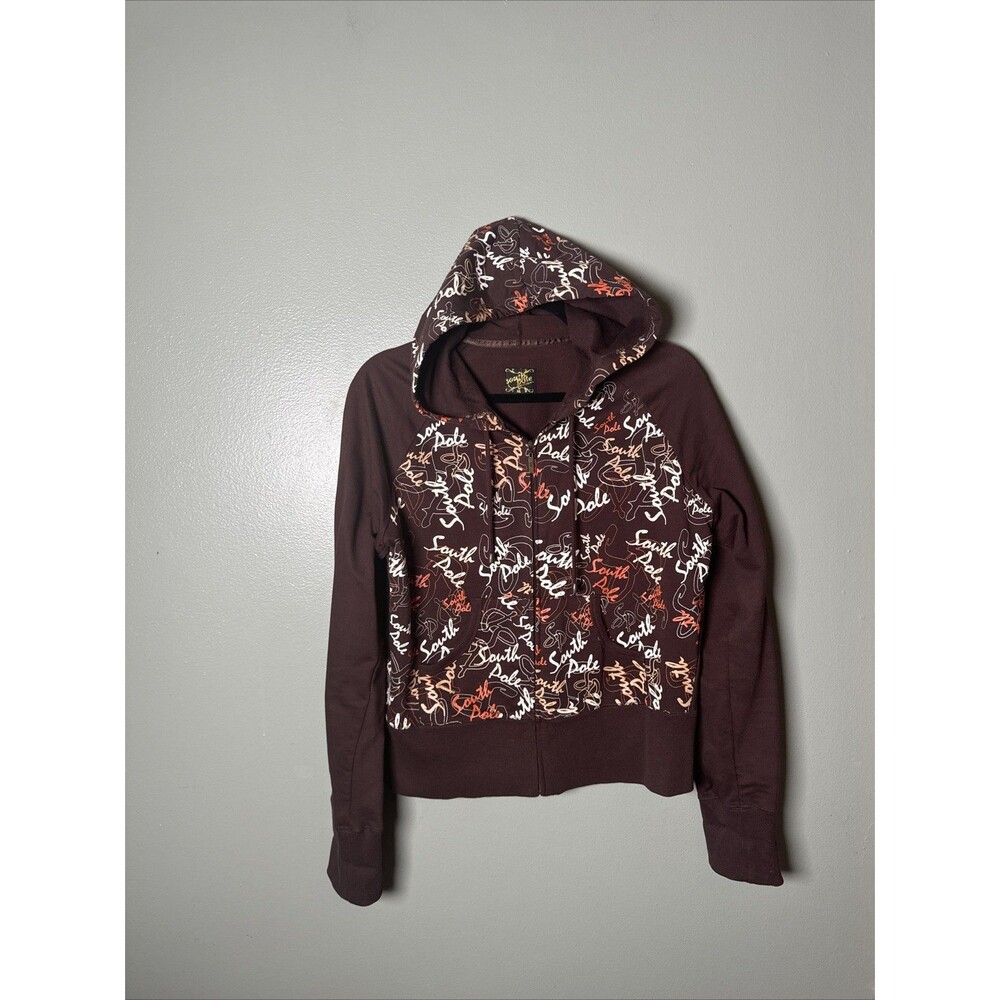Y2K South Pole Brown Zip Hoodie XL Graffiti Logo All Over Print Streetwear‎